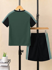 Ads Summer T Shirt & Short Suit For Kids-Forest Green with Black & White, Green Stripe-BE3291/BR15729