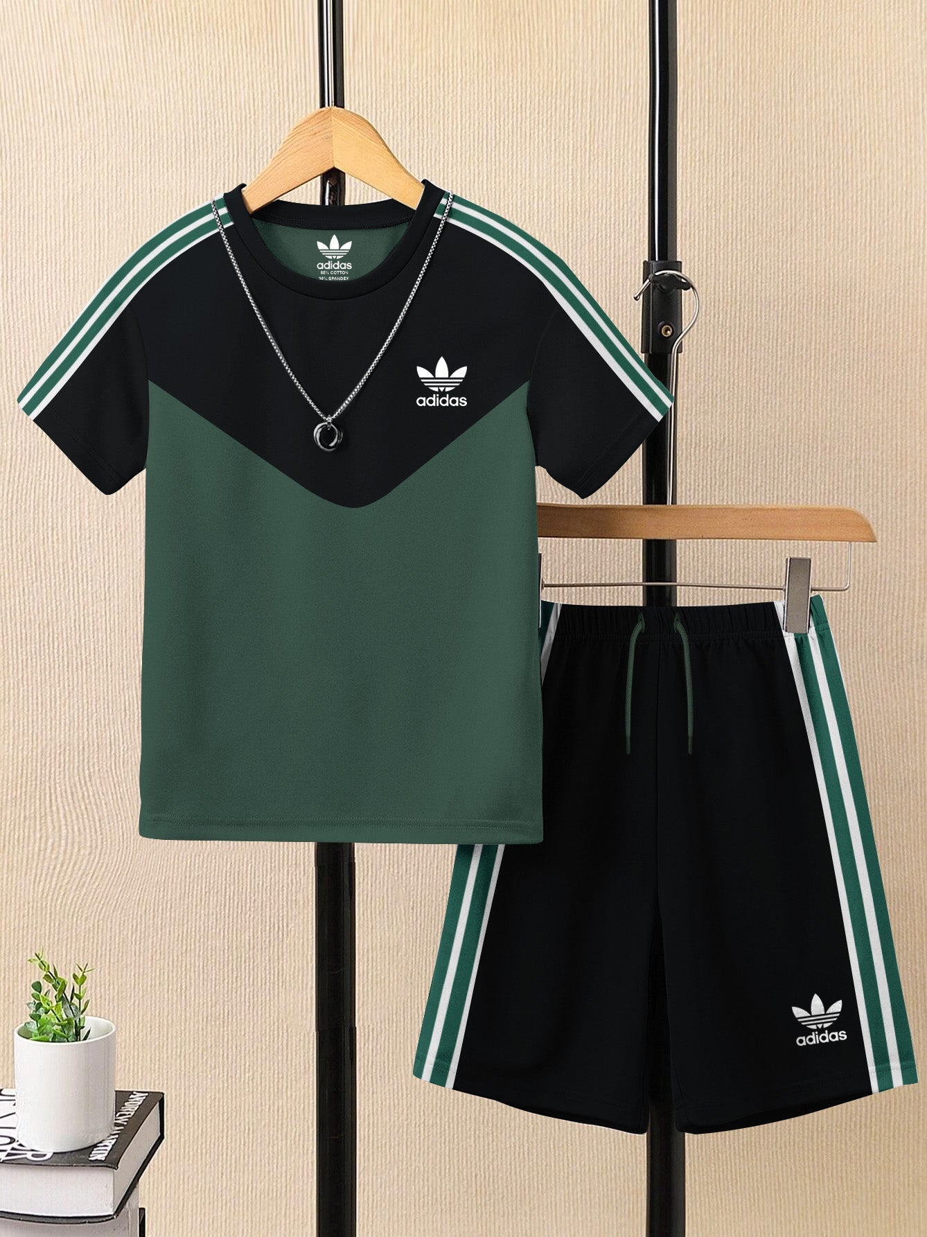 Ads Summer T Shirt & Short Suit For Kids-Forest Green with Black & White, Green Stripe-BE3291/BR15729