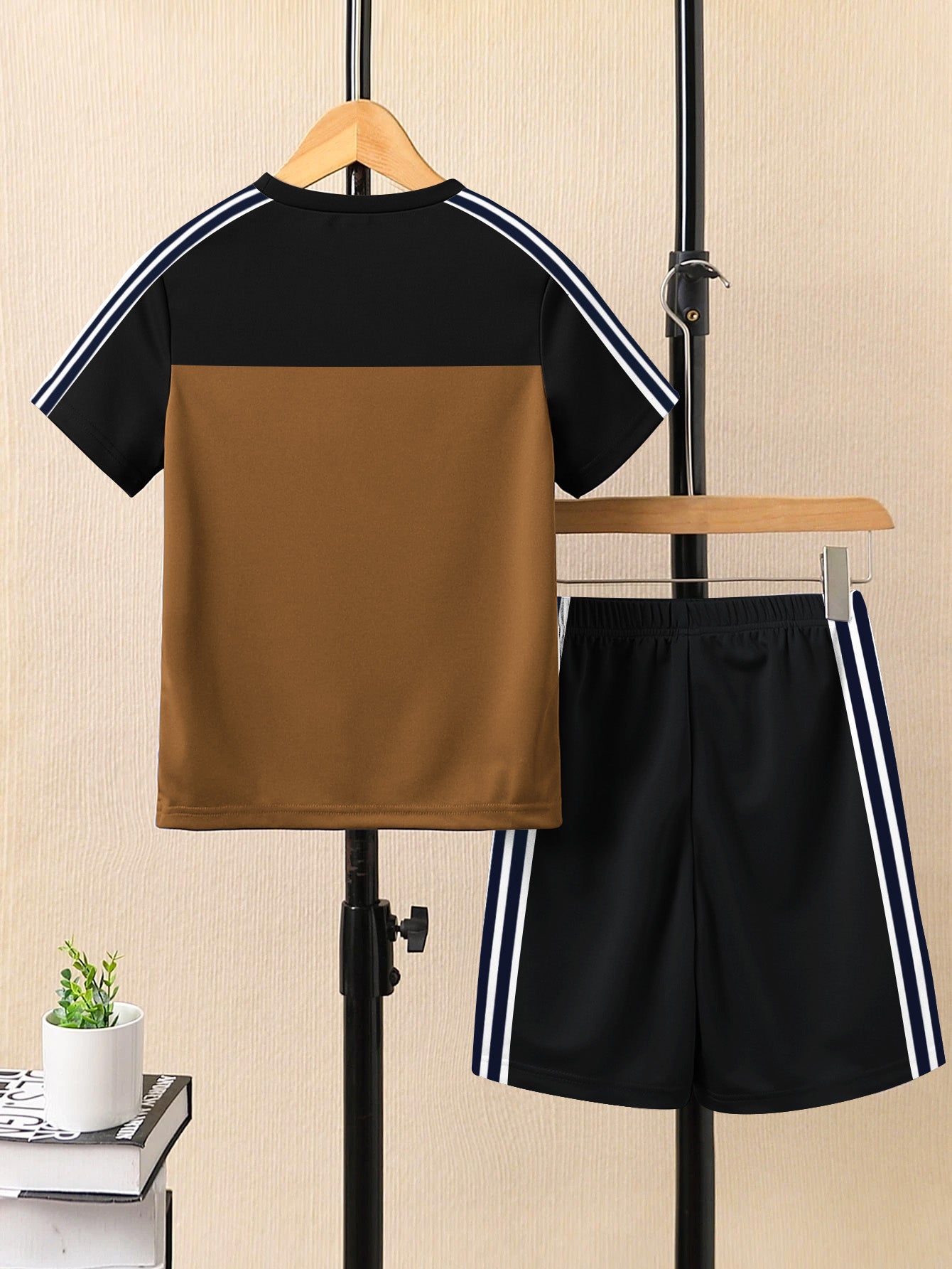 Ads Summer T Shirt & Short Suit For Kids-Golden with Black & White, Navy Stripe-BE3276/BR15714