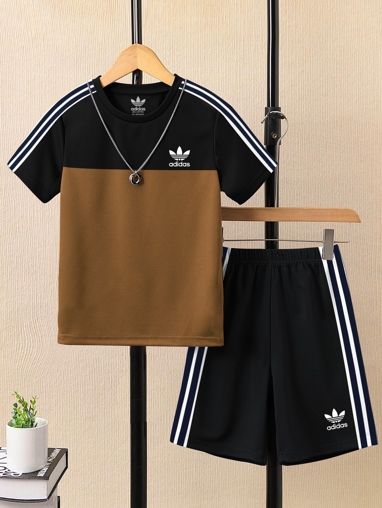 Ads Summer T Shirt & Short Suit For Kids-Golden with Black & White, Navy Stripe-BE3276/BR15714