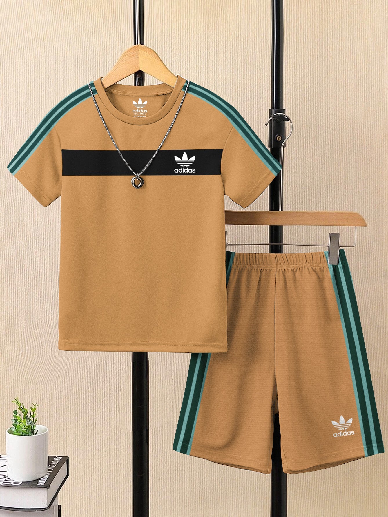 Ads Summer T Shirt & Short Suit For Kids-Khaki with Black & Green Stripe-BE3273/BR15711