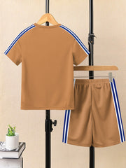 Ads Summer T Shirt & Short Suit For Kids-Khaki with White & Blue Stripe-BE3275/BR15713