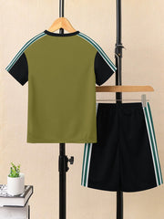 Ads Summer T Shirt & Short Suit For Kids-Light Olive with Black & White, Green Stripe-BE3294/BR15732