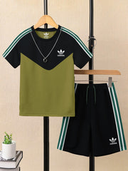 Ads Summer T Shirt & Short Suit For Kids-Light Olive with Black & White, Green Stripe-BE3294/BR15732