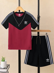 Ads Summer T Shirt & Short Suit For Kids-Magenta Lining with Black & White, Navy Stripe-BE3288/BR15727
