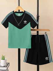 Ads Summer T Shirt & Short Suit For Kids-Mint Green with Black & Green, White Stripe-BE3299/BR15737