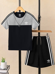 Ads Summer T Shirt & Short Suit For Kids-Navy with Black & White, Navy Stripe-BE3278/BR15716
