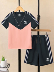 Ads Summer T Shirt & Short Suit For Kids-Peach with Slate Grey-BE3272/BR15710