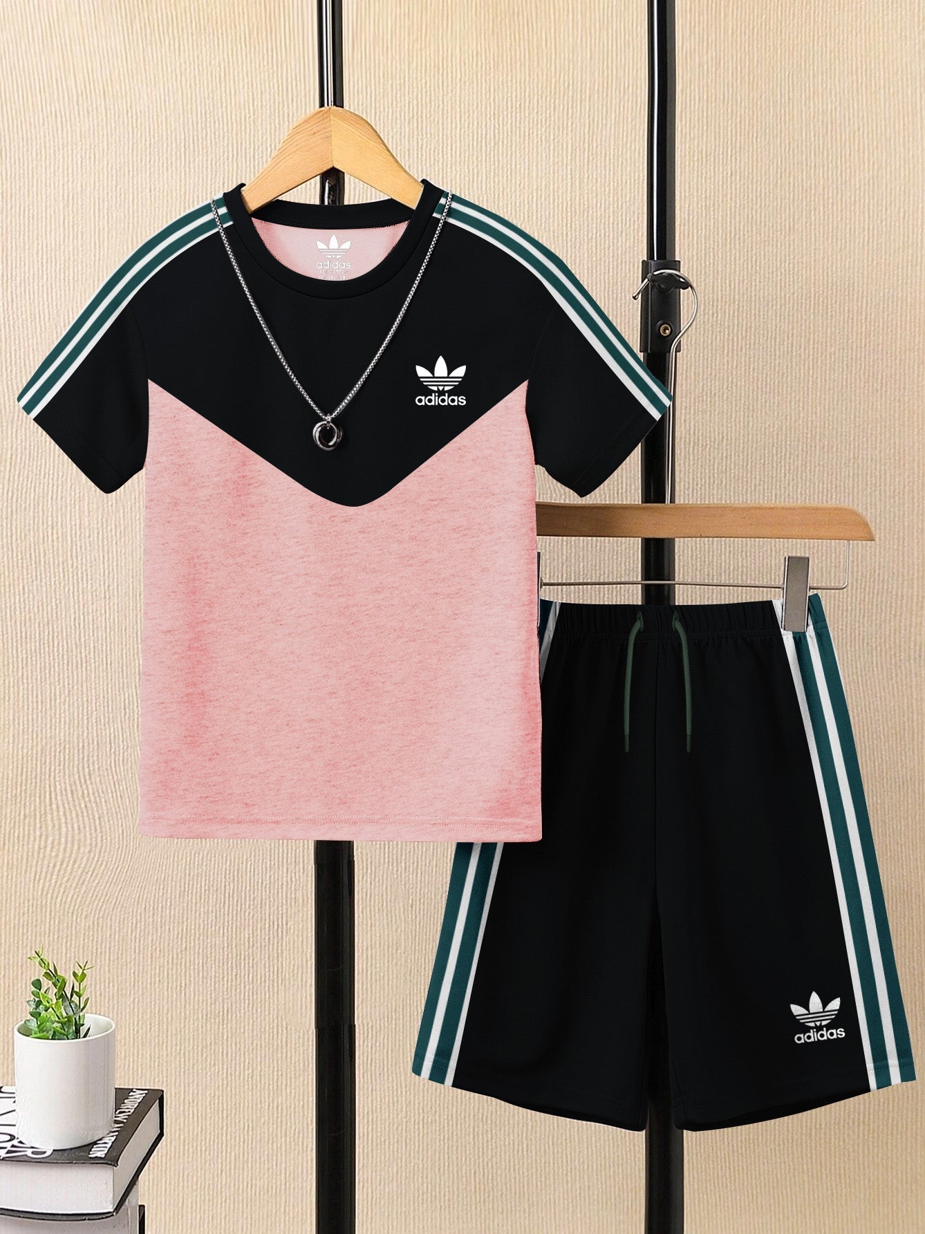 Ads Summer T Shirt & Short Suit For Kids-Pink Melange with Black & Green, White Stripe-BE3300/BR15738