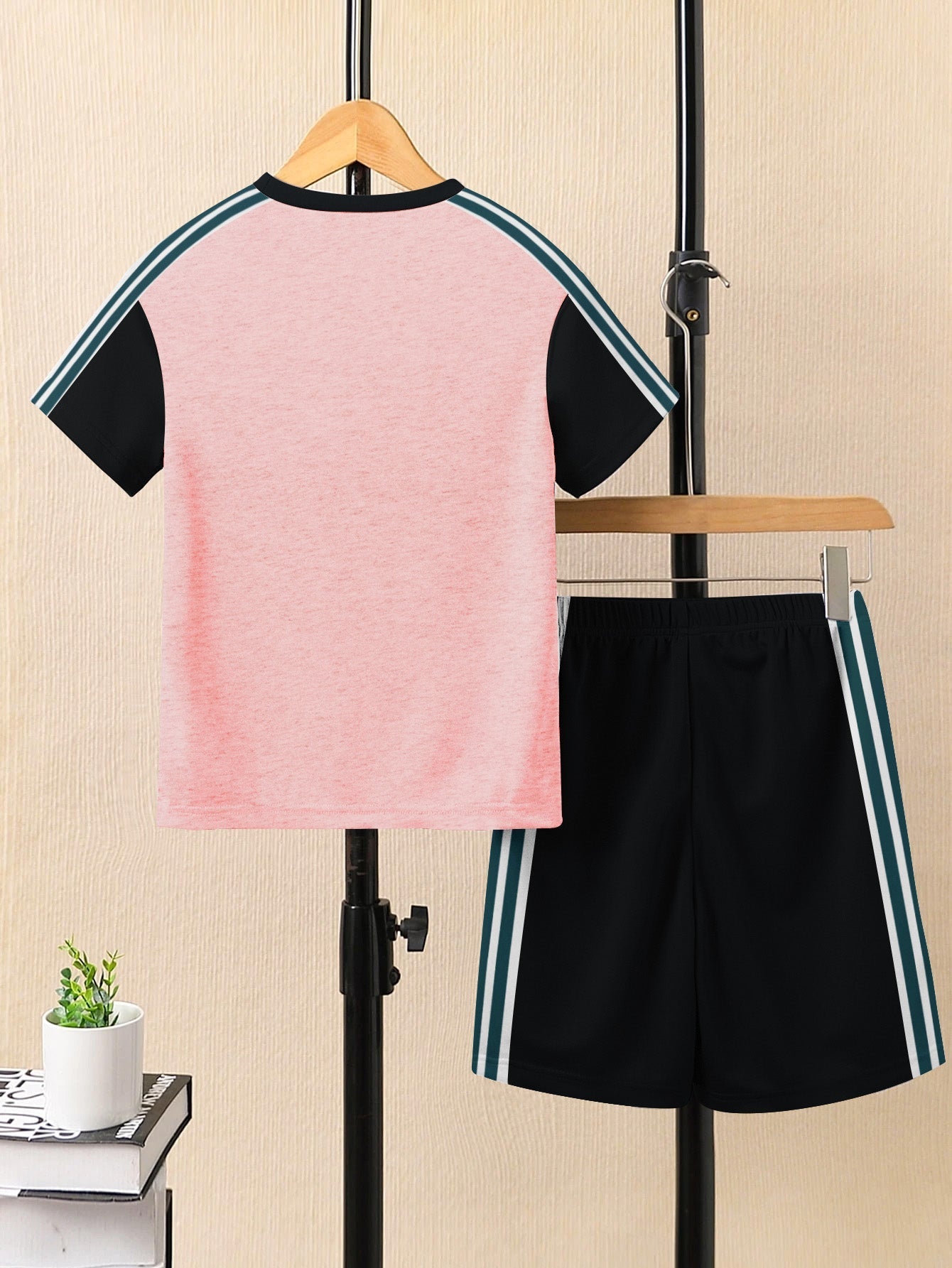 Ads Summer T Shirt & Short Suit For Kids-Pink Melange with Black & Green, White Stripe-BE3300/BR15738