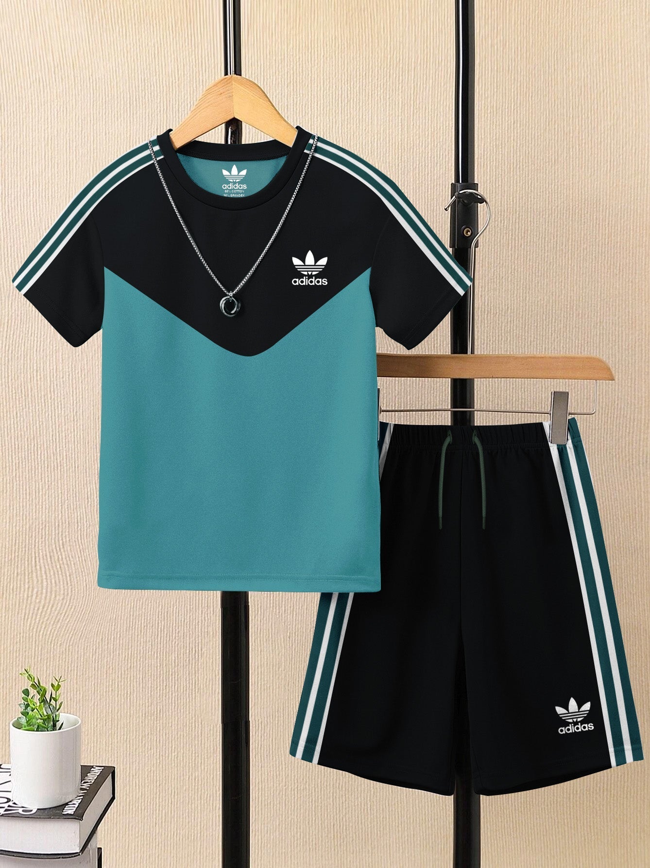 Ads Summer T Shirt & Short Suit For Kids-Prussian Blue with Black & Green, White Stripe-BE3301/BR15739