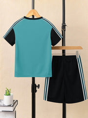 Ads Summer T Shirt & Short Suit For Kids-Prussian Blue with Black & Green, White Stripe-BE3301/BR15739
