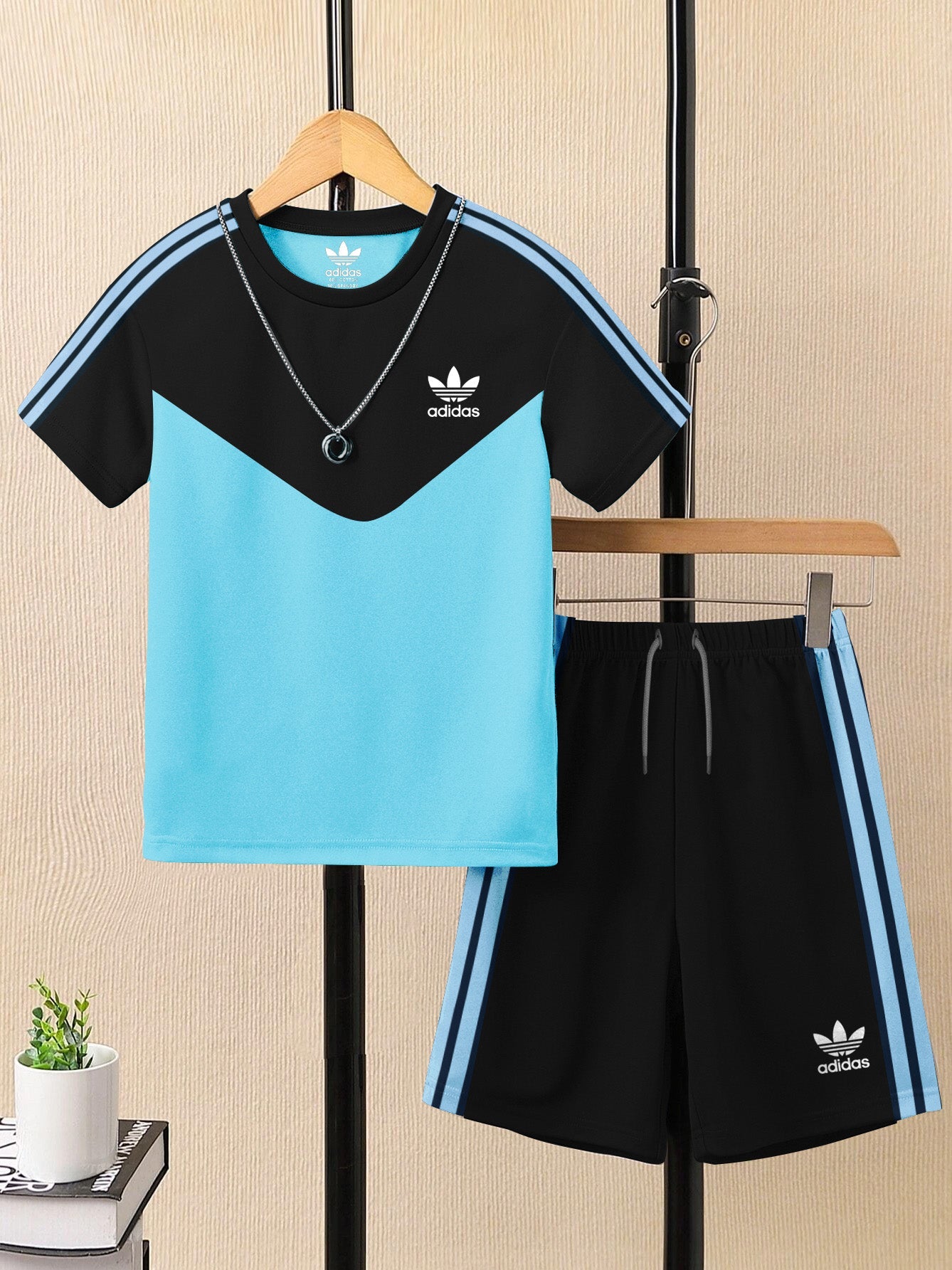 Ads Summer T Shirt & Short Suit For Kids-Sky Blue with Black & Blue, Sky Stripe-BE3302/BR15740