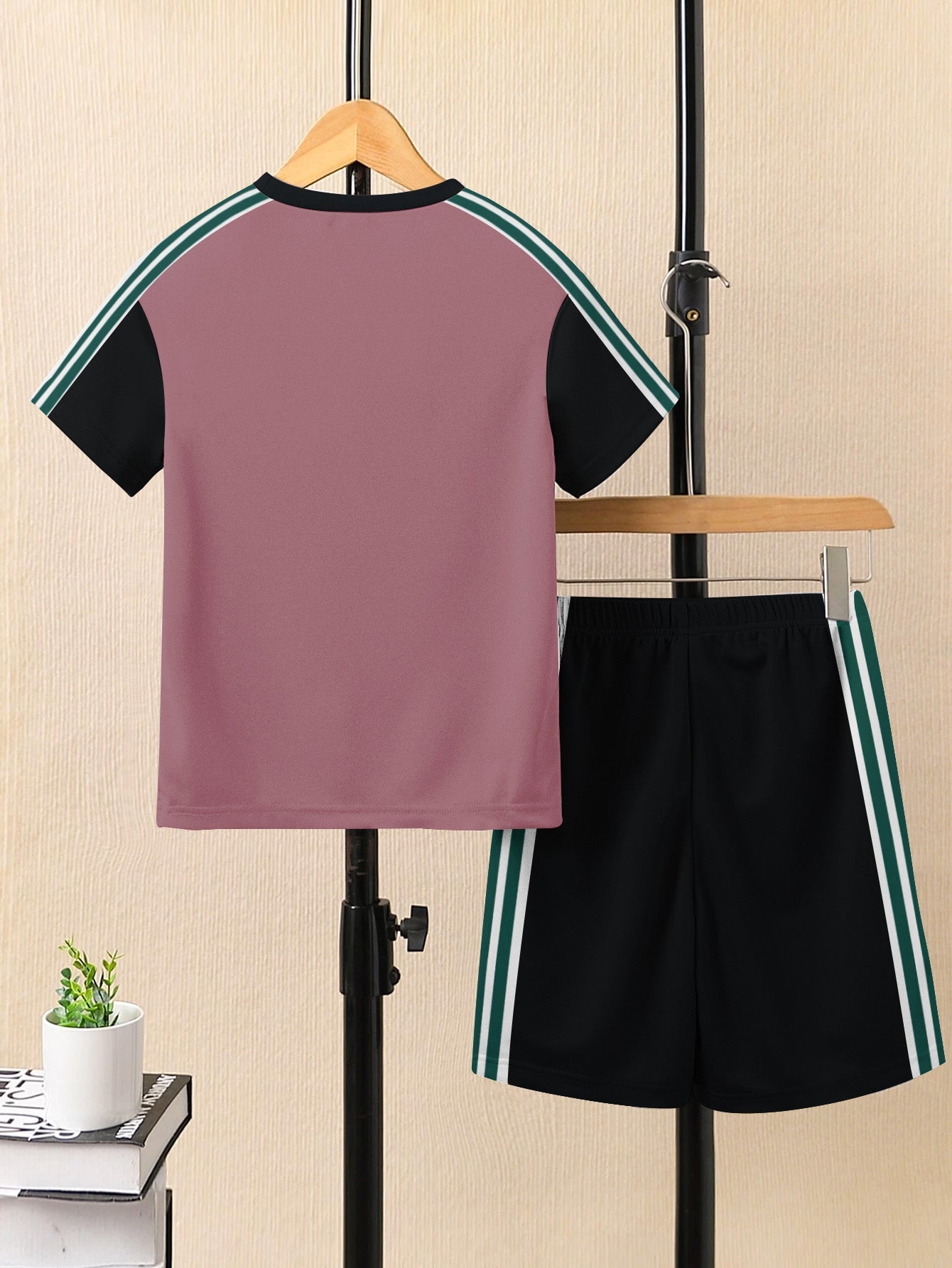 Ads Summer T Shirt & Short Suit For Kids-Tea Pink with Black & White, Green Stripe-BE3293/BR15731