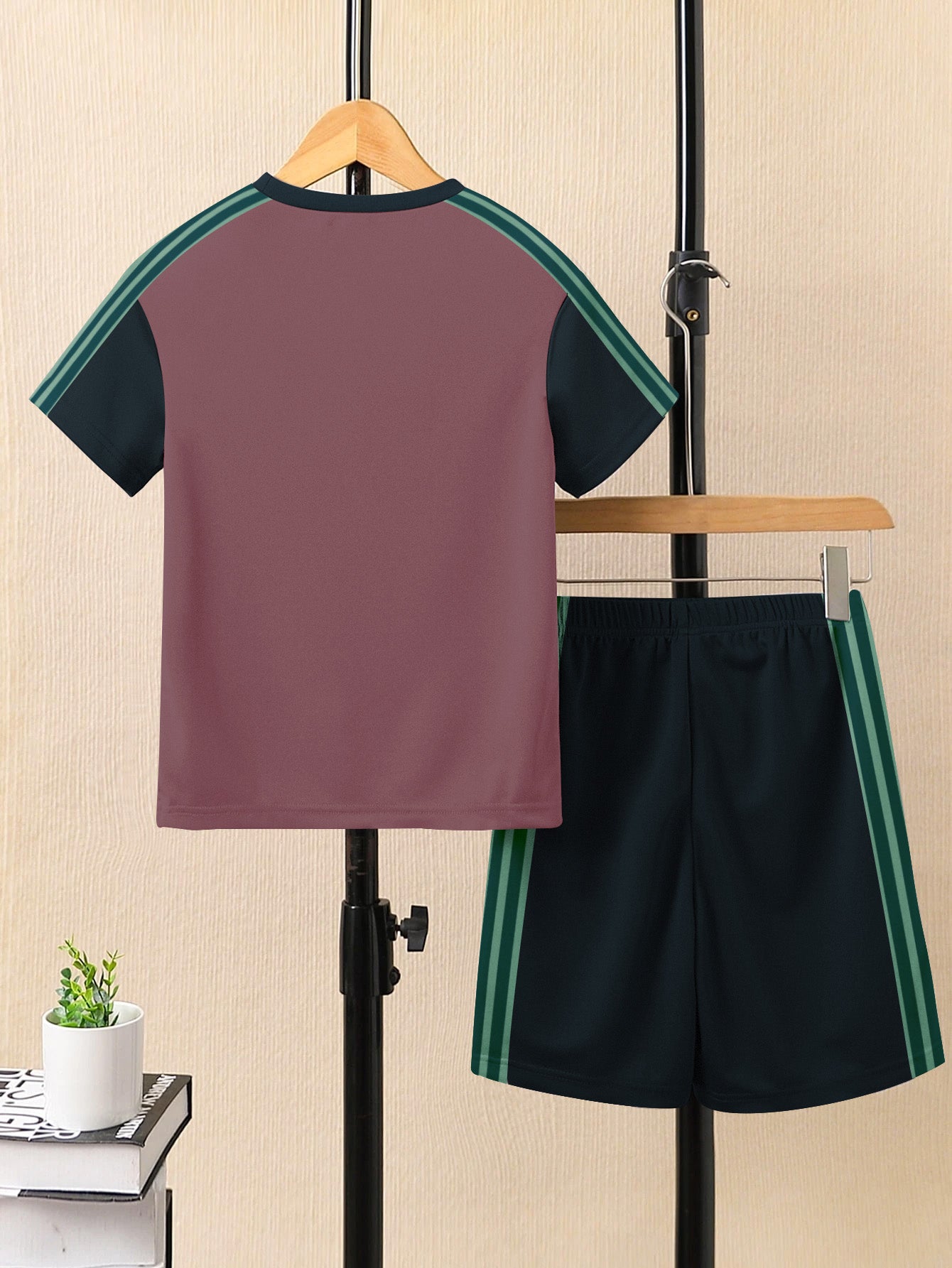 Ads Summer T Shirt & Short Suit For Kids-Tea Pink with Navy & Green Stripe-BE3298/BR15736