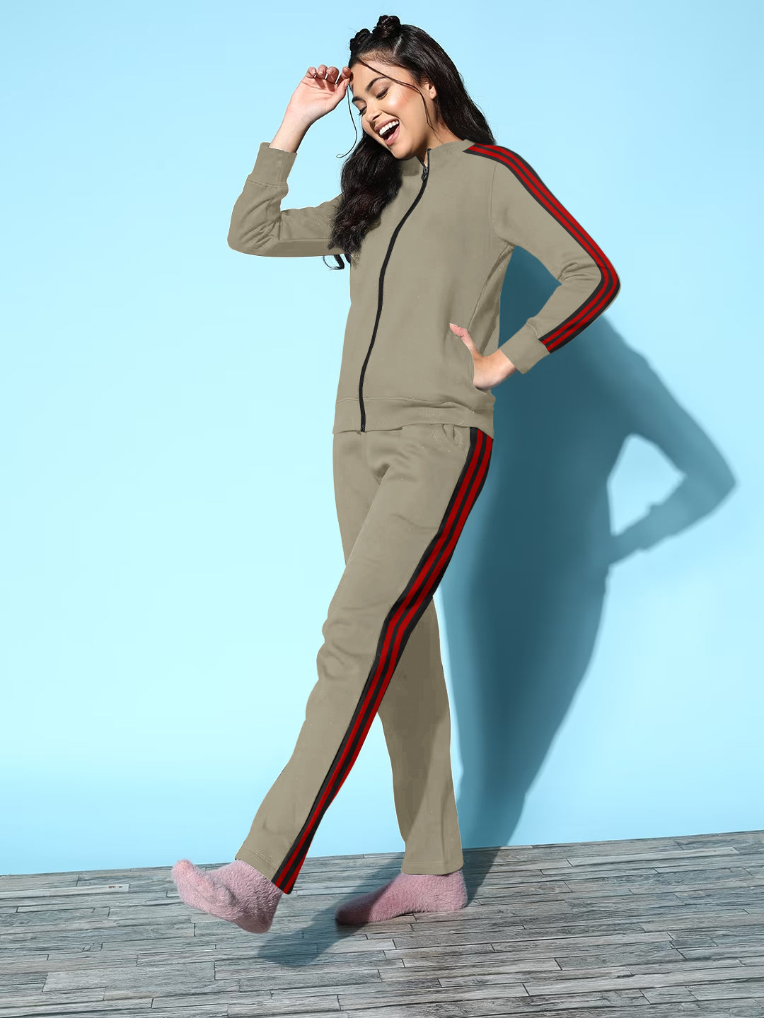 Louis Vicaci Fleece Zipper Tracksuit For Ladies-Dark Wheat with Black & Red Stripe-BR1112