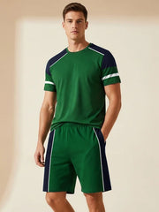 Louis Vicaci Summer Active Wear T Shirt & Lounge Short For Men-Green with Navy Panels-BE3217/BR15663