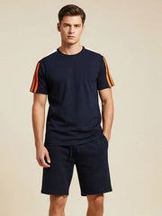 Louis Vicaci Summer Active Wear T Shirt & Lounge Short For Men-Navy with Orange & White Stripes-c/BR15664