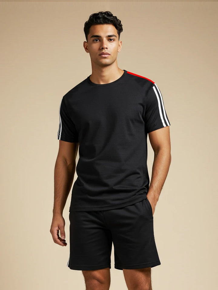 Louis Vicaci Summer Active Wear T Shirt & Lounge Short For Men-Black with white & Red Stripes-BE3219/BR15667