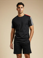 Louis Vicaci Summer Active Wear T Shirt & Lounge Short For Men-Black with white & Red Stripes-BE3219/BR15667