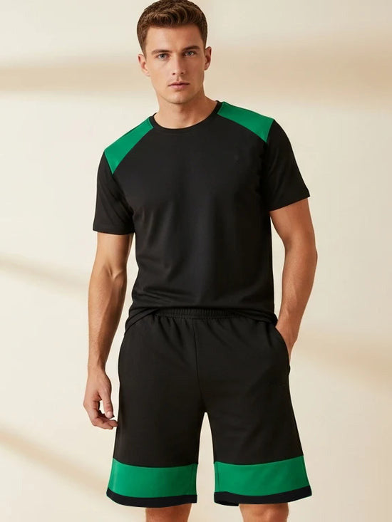 Louis Vicaci Summer Active Wear T Shirt & Lounge Short For Men-Black with Green Panels-BE3221/BR15669