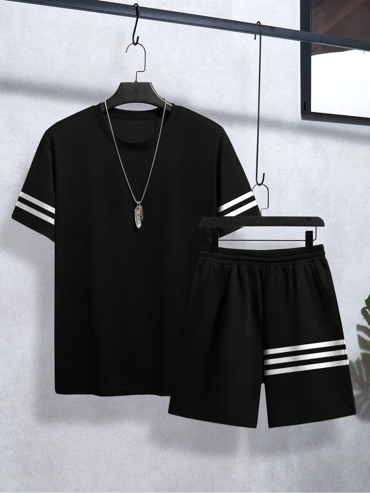 Louis Vicaci Summer Active Wear T Shirt & Lounge Short For Men-Black with White Stripe-BE3224/BR15672