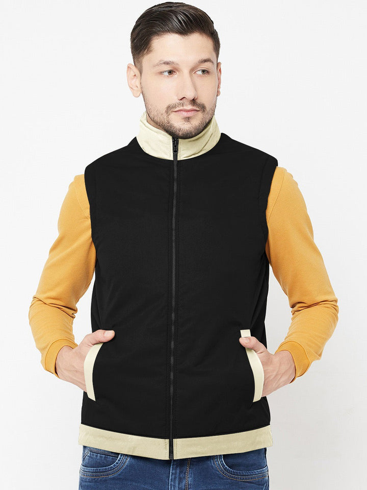 P&B Sleeveless Mock Neck Zipper Jacket For Men-Black & Skin-BE516/BR1793