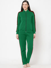 Louis Vicaci Fleece Zipper Tracksuit For Ladies-Green Melange with Black Stripe-BR266