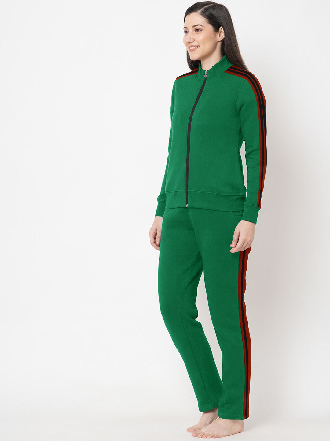 Louis Vicaci Fleece Zipper Tracksuit For Ladies-Green Melange with Black Stripe-BR266