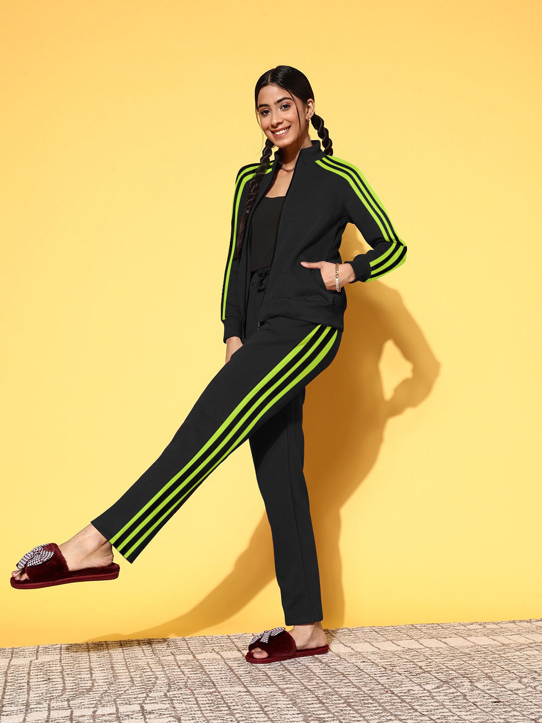 Louis Vicaci Fleece Zipper Tracksuit For Ladies-Black with Parrot Stripe-BR368