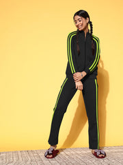 Louis Vicaci Fleece Zipper Tracksuit For Ladies-Black with Parrot Stripe-BR368