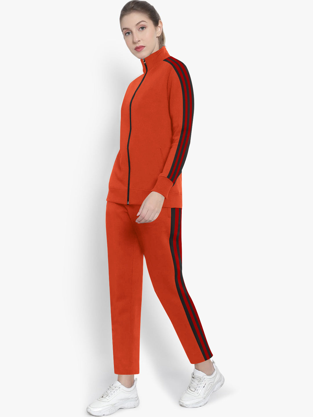 Louis Vicaci Fleece Zipper Tracksuit For Ladies-Orange Melange with Black Stripe-BR370