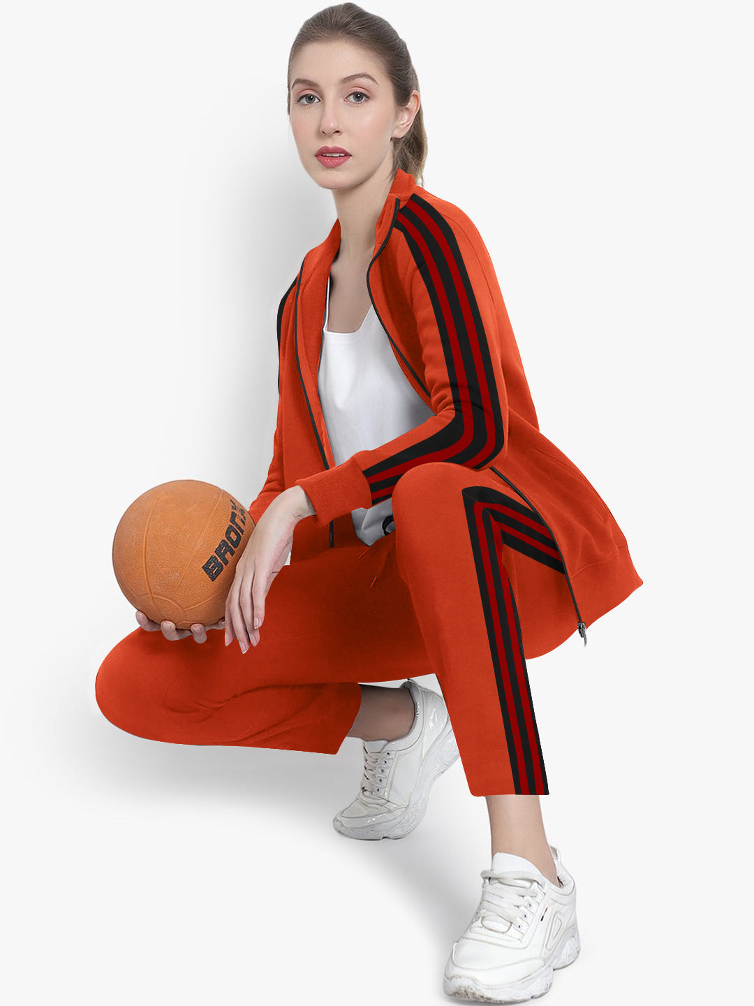 Louis Vicaci Fleece Zipper Tracksuit For Ladies-Orange Melange with Black Stripe-BR370
