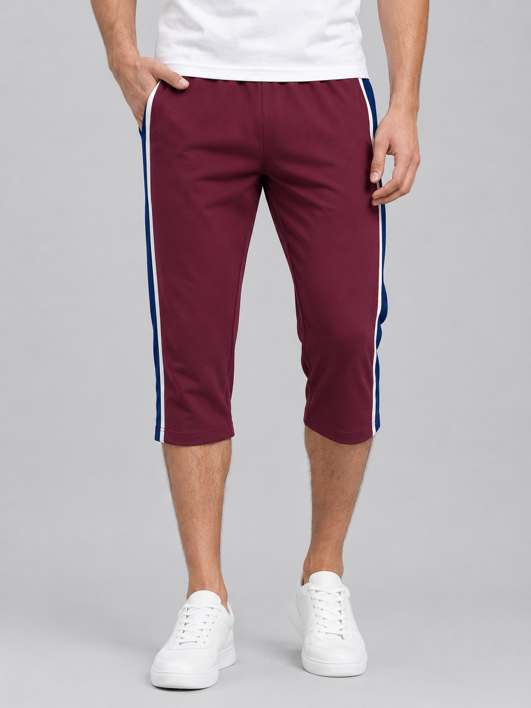 Stylish Knee Length Short For Men-Magenta With Royal Blue Stripe-A01