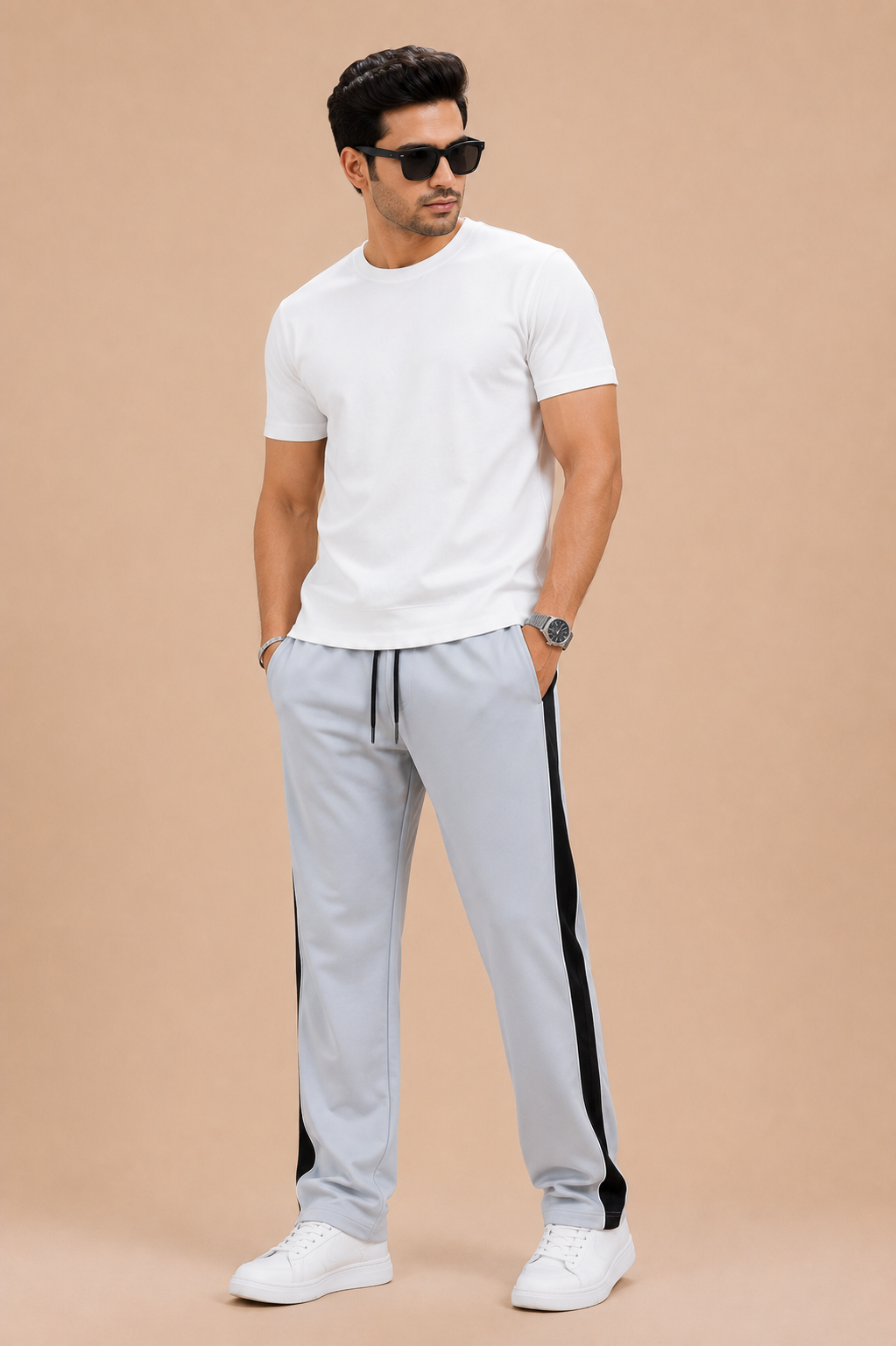 Stylish Regular Fit Summer Trouser For Men-Silver With Navy & White Stripers-A09