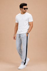 Stylish Regular Fit Summer Trouser For Men-Silver With Navy & White Stripers-A09
