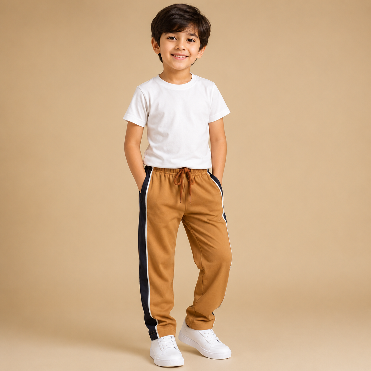 Premium Boys Trouser- Light Camel With Navy T43