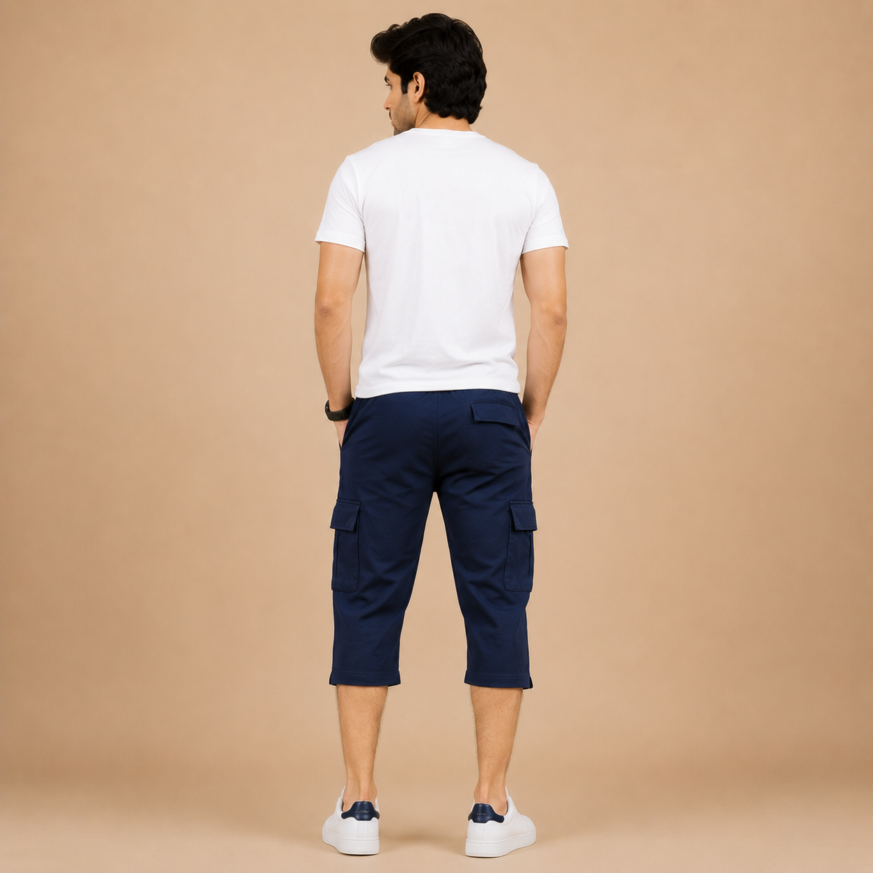 Men's Navy Blue Summer Three Quarter Cargo Shorts – Soft Cotton Casual Capri with Side Pockets