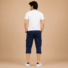 Men's Navy Blue Summer Three Quarter Cargo Shorts – Soft Cotton Casual Capri with Side Pockets