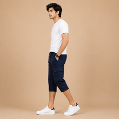 Men's Navy Blue Summer Three Quarter Cargo Shorts – Soft Cotton Casual Capri with Side Pockets