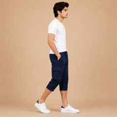 Men's Navy Blue Summer Three Quarter Cargo Shorts – Soft Cotton Casual Capri with Side Pockets