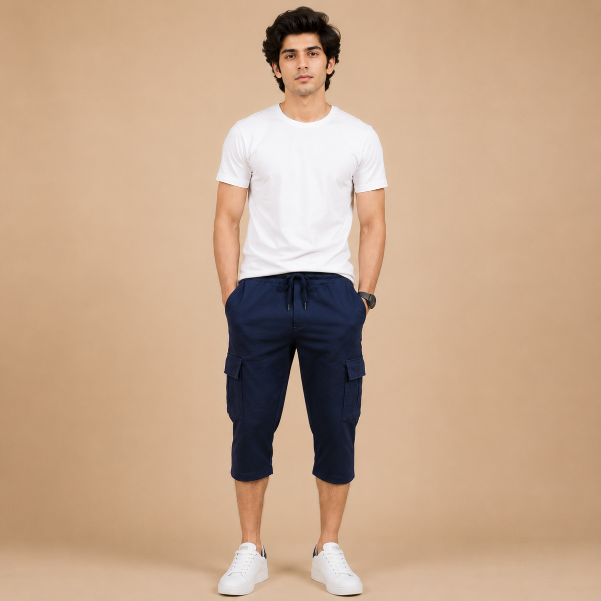 Men's Navy Blue Summer Three Quarter Cargo Shorts – Soft Cotton Casual Capri with Side Pockets