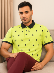 PRL Summer Polo Shirt For Men-Lime Green with Allover Print-BE682/BR12935