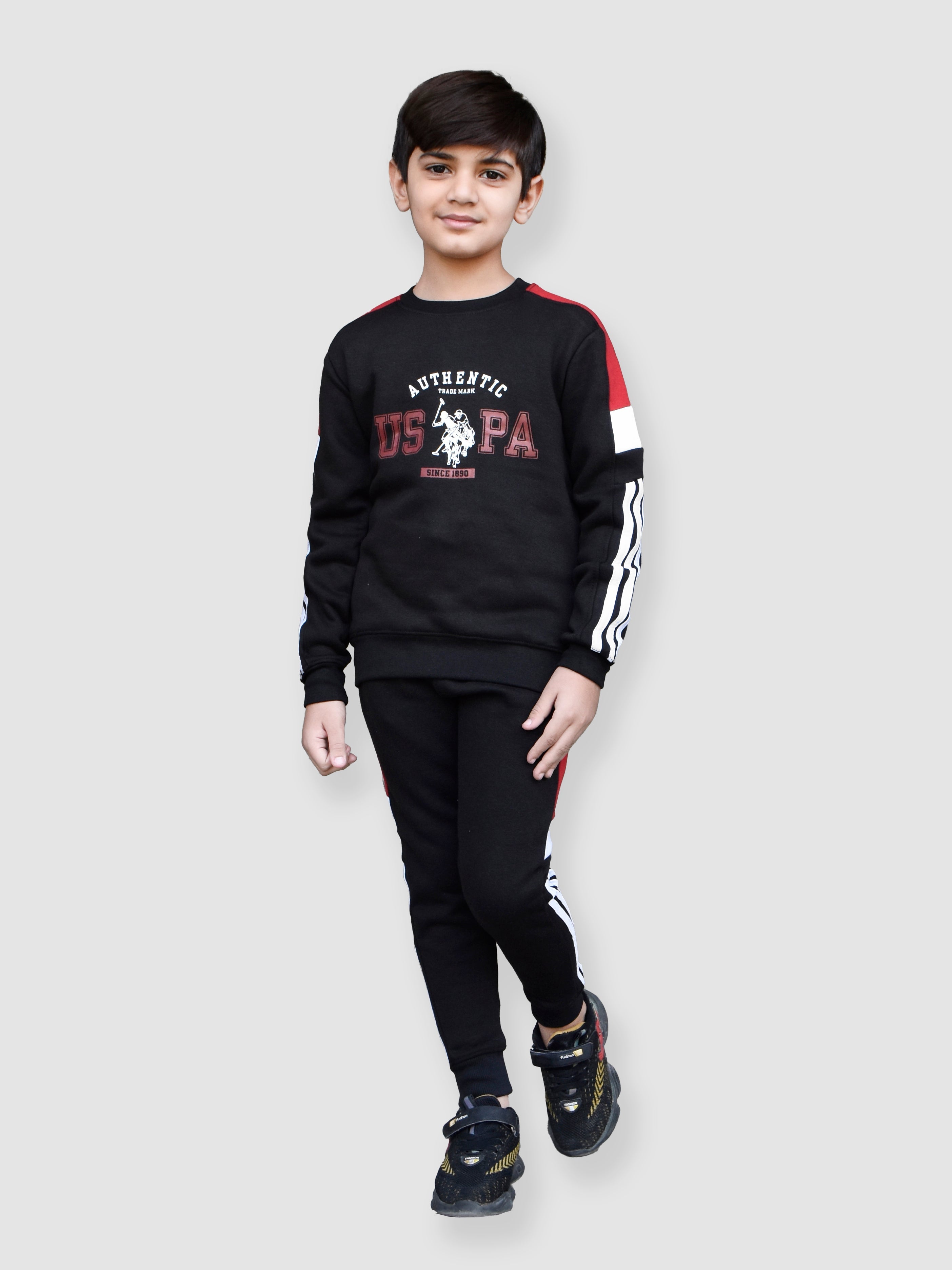 U.S Polo Assn Fleece Tracksuit For Kids-Black With Red-BR909