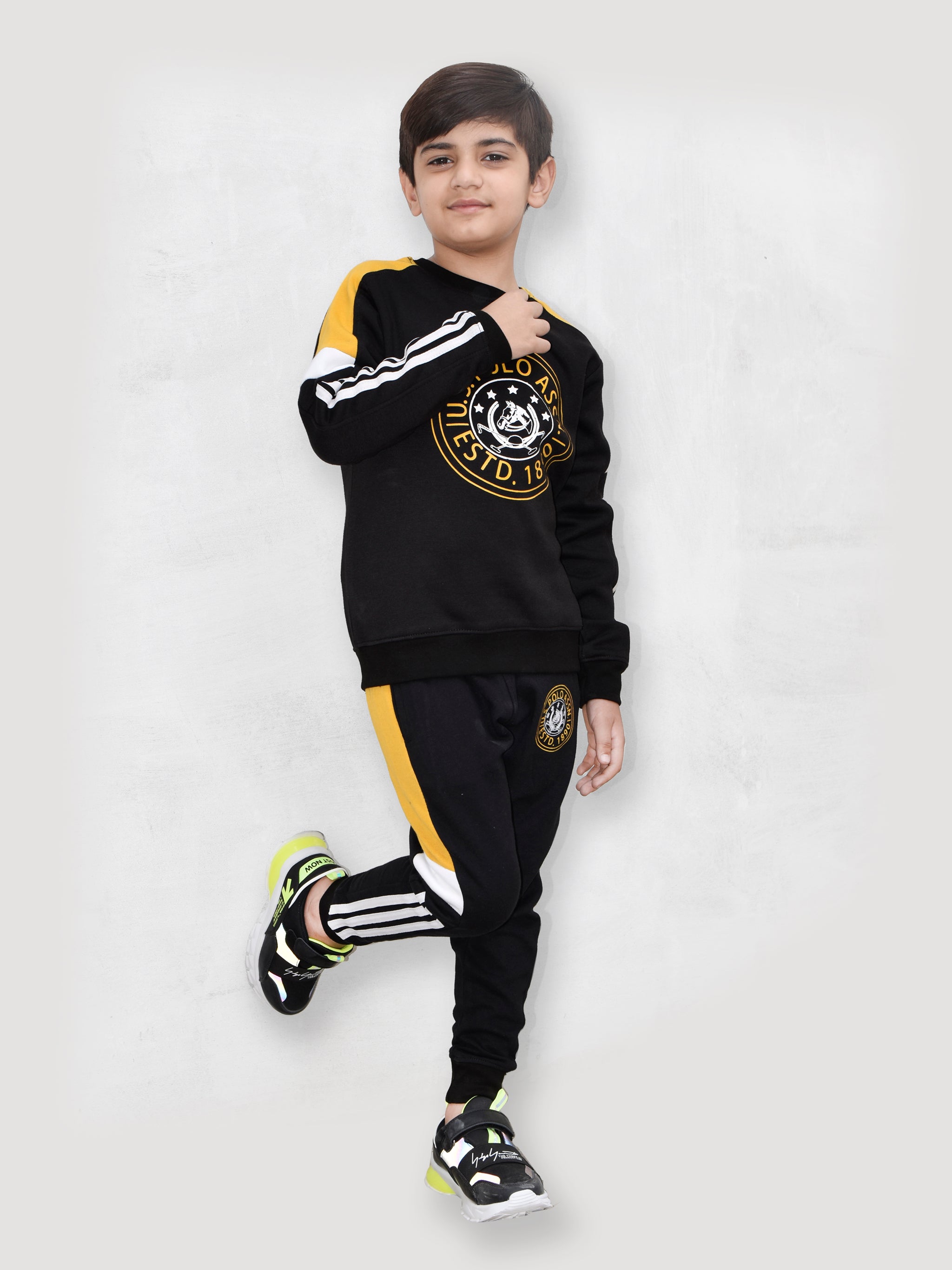 U.S Polo Assn Fleece Tracksuit For Kids-Back & Yellow-RT1218