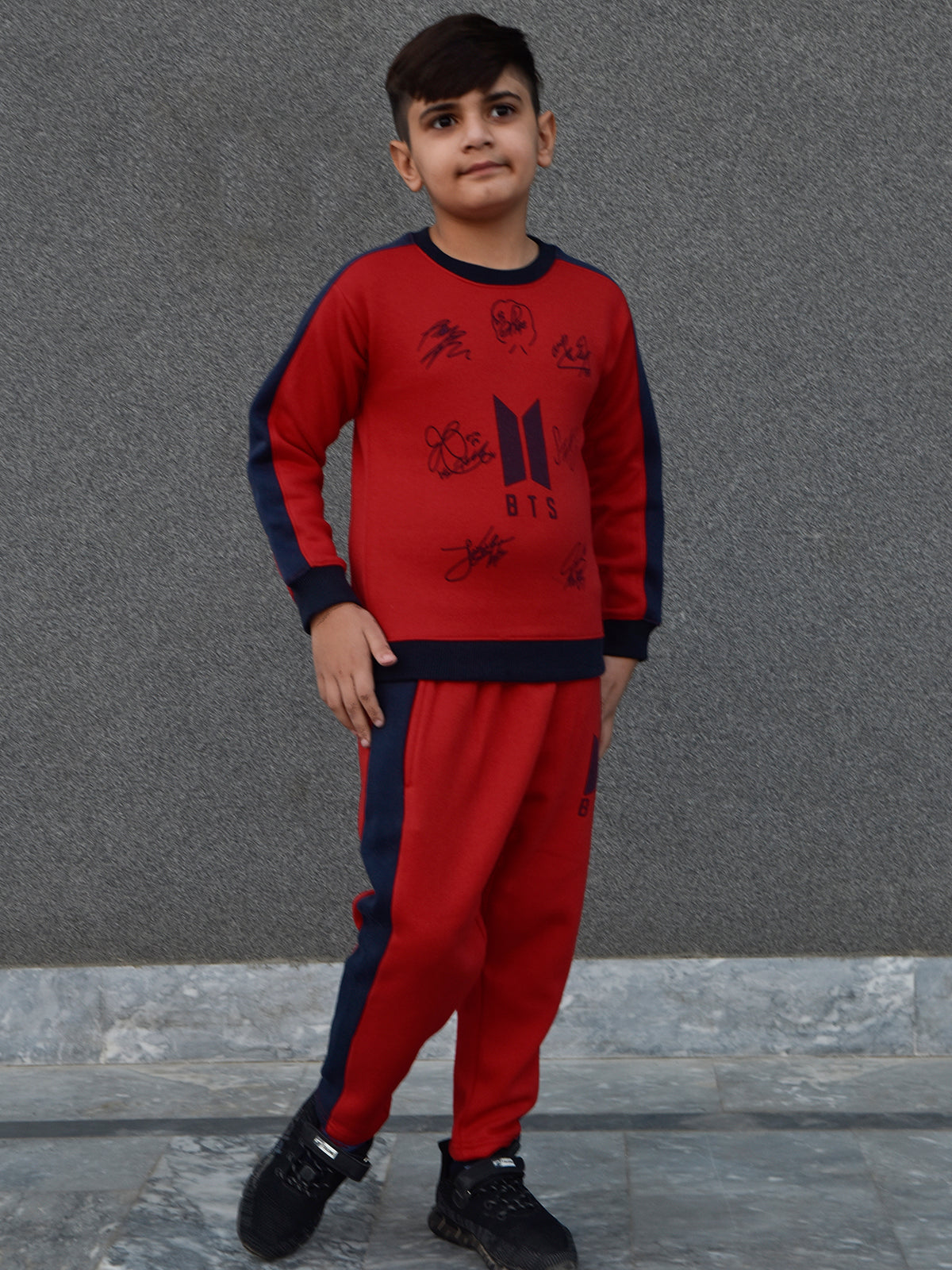 BTS Fleece Tracksuit For Kids-Red with Navy Panels-BE55/BR880