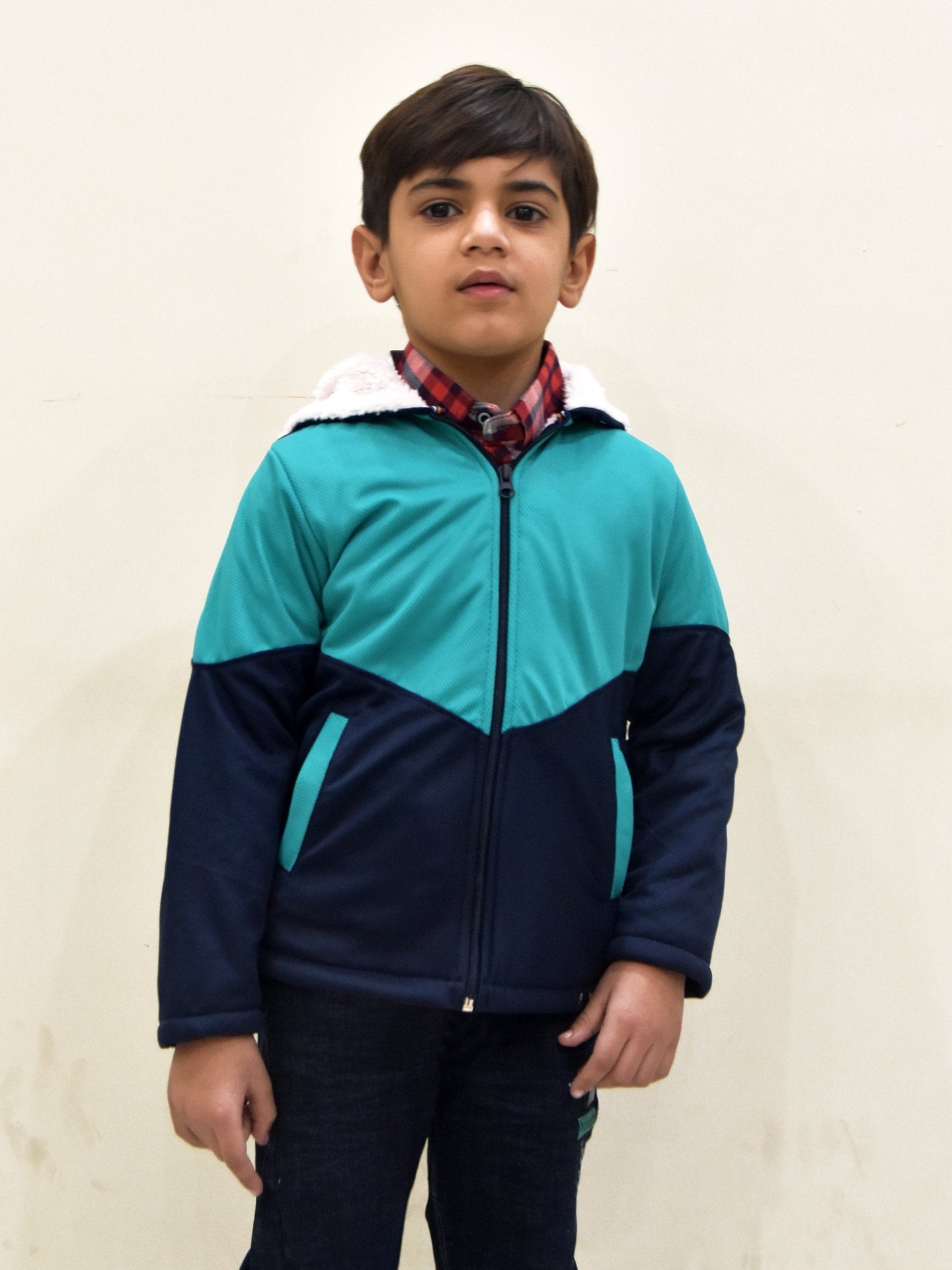 Mango Stylish Inner Fur Zipper Hoodie For Kids-Blue & Dark Navy-NA13729