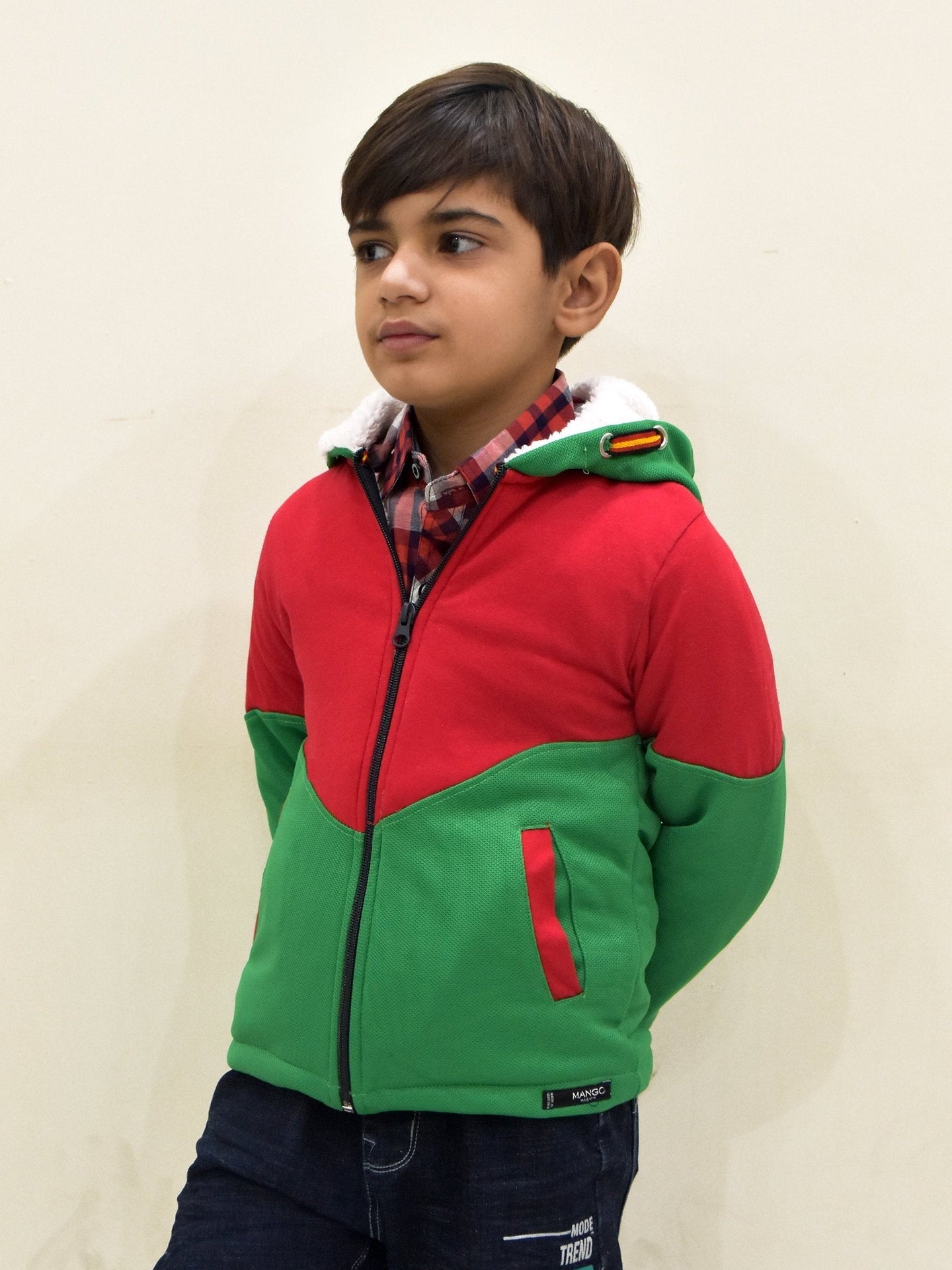 Mango Stylish Inner Fur Zipper Hoodie For Kids-Green & Red-BE136/BR945