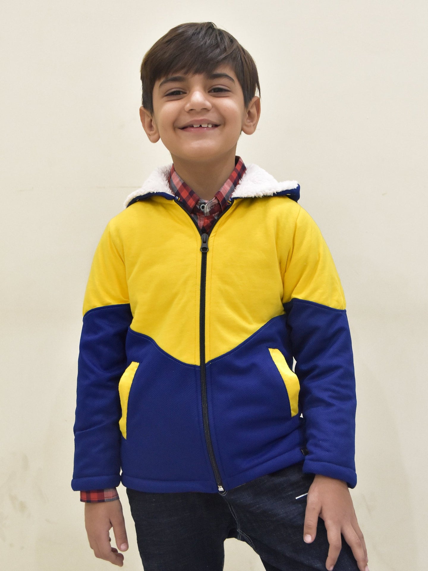 Mango Stylish Inner Fur Zipper Hoodie For Kids-Yellow & Royal Blue-BE153/BR964