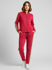 Louis Vicaci Fleece Zipper Tracksuit For Ladies-Red With Lime & Black Stripes-LVTS003